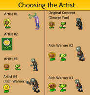 A picture showing some concept art for the game. Note a yellow Marigold, a Peashooter with back leaves of a Repeater, and a Sunflower with a slightly different smile.