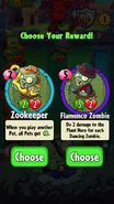 The player having the choice between Zookeeper and Flamenco Zombie as a prize for completing a level