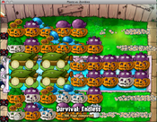 Quadruple Synergy, 200 Flags. For waves with Zombonis, remove Pumpkins for front row Fume-shrooms. The secret to using the setup properly is Ice-shroom timing, get that done and everything else is cake.