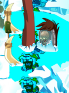 A chilled Zombot Tuskmatser 10,000 BC (only happens in Feastivus (Thymed Event, 2023) - Day 30). Note the shield of ice