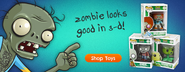 An ad for the Plants vs. Zombies store featuring Blue Jumpsuit Dancer Zombie