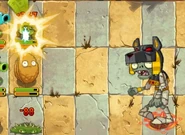 A plant being damaged by Tomb Raiser Zombie