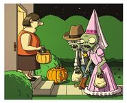 Sheriff Zombie trick or treating next to Princess Zombie