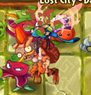 A Bug Zombie carrying a Conehead Adventurer Zombie