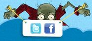 Bungee Zombie in PopCap's website, holding a paper with a Twitter and Facebook icon.