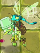 A Bug Zombie carrying a glowing Buckethead Adventurer Zombie