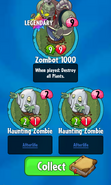 The player receiving a Zombot 1000 from a Premium Pack, along with two Haunting Zombies