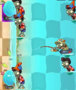 Infi-nut's shield blocking the Fisherman Zombie's attack