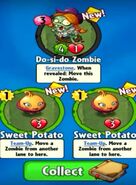 The player receiving two Sweet Potatoes from a Premium Pack, along with a Line Dancing Zombie