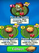 The player receiving two Sweet Potatoes from a Premium Pack, along with a Line Dancing Zombie