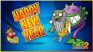 An image celebrating 2020 New Year including 2019 Zombie, a 2019 Chilli Bean and a Chomper