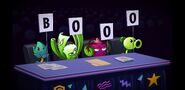 Thyme Warp raises his sign "B", while Celery Stalker, Phat Beet and Peashooter raises their sign "0" which spells the word "B000" with zeros