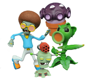 A Peashooter figure with a Disco Zombie, Gatling Bot, and Gloom-shroom-like Toxic Gloom-shroom figure