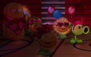 Peashooter with a costume along with Tall-nut, Pepper-pult and Sunflower in the Valenbrainz trailer