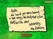 Pool note (translation: Hello, We heard you were having a pool party. We think that is fun. We will be right over. Sincerely, the Zombies)