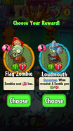The player having the choice between Flag Zombie and Loudmouth as the prize for completing a level