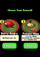 The player having the choice between Berry Angry and Potato Mine as a prize for completing a level