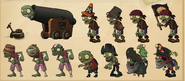 Concept art of Pirate Zombie, Buckethead Pirate, Conehead Pirate and Captain Zombie.