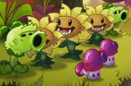 Two Primal Peashooters in the trailer with three Primal Sunflowers and two Perfume-shrooms