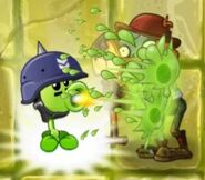 Excavator Zombie absorbing all of Repeater's Plant Food Effect. Notice that the peas appear to hit him, not the shovel