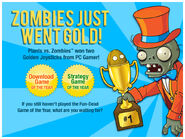 Tuxedo Zombie on an image celebrating Plants vs. Zombies winning the Golden Joystick award from the PopCap website