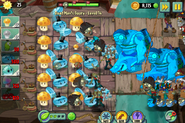 Level 14 - Two rows of Winter Melons, Gargantuar Pirates, and many Swashbucklers and Seagulls with the No Blover challenge