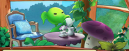 Peashooter sipping tea with an unknown mushroom in a trailer