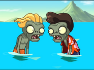 A Surfer Zombie looking at a Pompadour Zombie in a short animation by PopCap