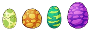 (From the left) Eggshell Imp egg, T. Rex egg, pterodactyl egg, and brontosaurus egg