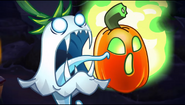 Jack O' Lantern and Ghost Pepper haunting zombies in the trailer