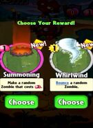 The player having the choice between Summoning and Whirlwind as a prize for completing a level
