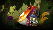 A Toadstool eating an unknown Imp zombie in a trailer.