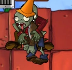 A Bungee Zombie dropping a Conehead Zombie