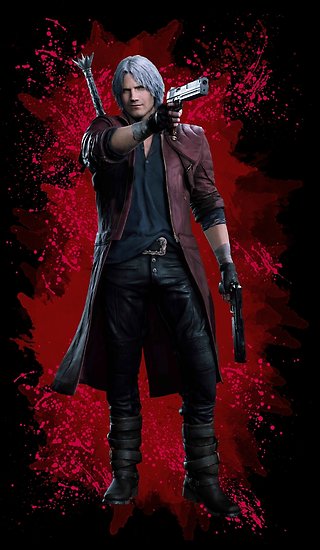 Dante, a warrior from devil may cry 5, striking a pose in front of a  crimson background