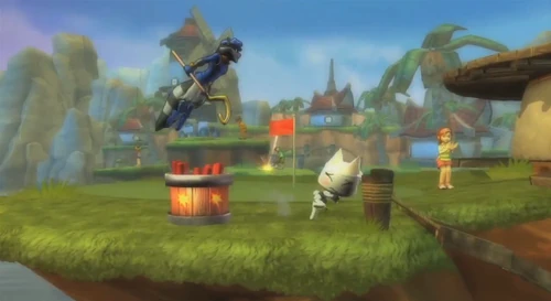 Sly jumps out of a TNT Barrel