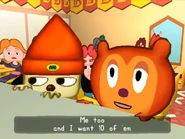 PJ Berri with PaRappa at the Beard Burgers restaurant.