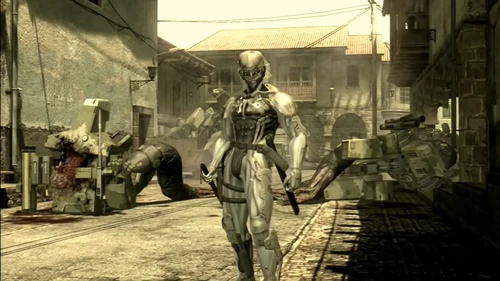 Raiden single handedly defeats a small army of Gekkos in Metal Gear Solid 4: Guns of the Patriots.