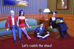 Mortimer, Bella, Kasandra i Aleksander przed telewizorem