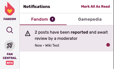 Widok na górną część okna powiadomień Fandomu, gdzie wyświetlone jest powiadomienie o 2 zgłoszonych postach oczekujących na działanie
