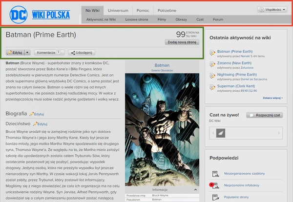 Obecny wygląd nagłówka strony zaznaczony jest na czerwono, a nagłówka artykułu na zielono.