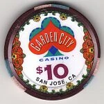 The newer ten-dollar chip, re-introduced in 2007 for the 40/80 game.