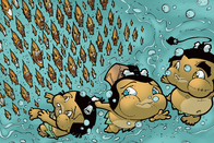 A school of Piranhas in hot pursuit of Pygmies in the comics