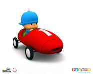 Pocoyo riding in his race car