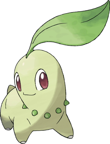 Um personagem pokémon com folhas verdes e fundo preto.