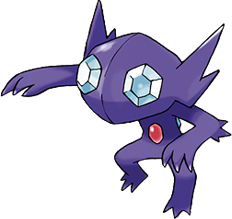 Um personagem pokémon roxo e roxo com olhos roxos e olhos vermelhos.