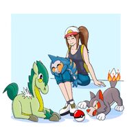 Protagonista con los Pokémon iniciales, por Lolo.