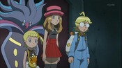 Clemont, along with Bonnie and Serena, being hypnotized by an evil, rogue Malamar