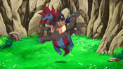 Iris jumps on Hydreigon to calm it down