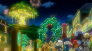 Fennekin met de andere Pokémon bij de gelofte boom (XY059).