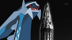 Dialga, along with Palkia, was summoned by Cyrus on the Spear Pillar. They were under his control through the use of the Red Chain and were tasked by him to open a portal to another dimension, wanting a world of his own. After the Red Chain's destruction and Cyrus's exit, Dialga, as well as Palkia, begins to rampage, creating a danger for the entire region of Sinnoh. However, the two were calmed down and sent away with the help of Azelf, Mesprit, and Uxie.